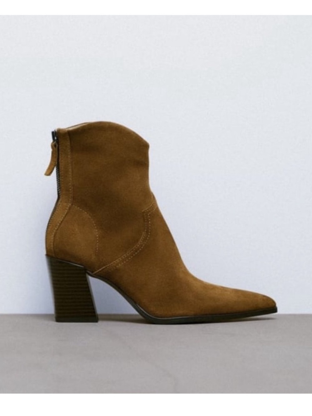 ZARA Cowboy Split Suede Leather Ankle Boots Almond Tan Brown - Picture 2 of 11